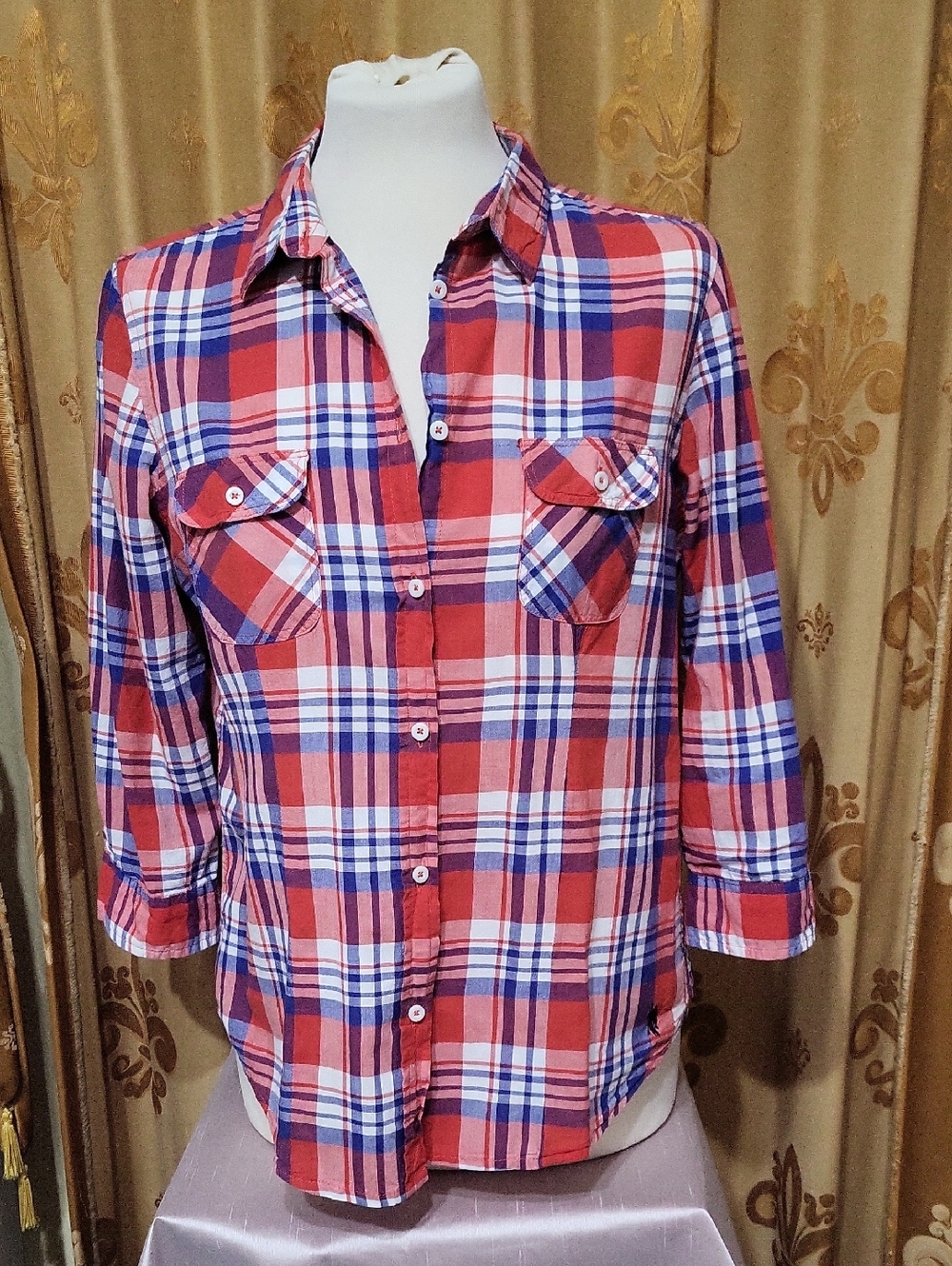 U.S. Polo Red, White & Blue Plaid Shirt